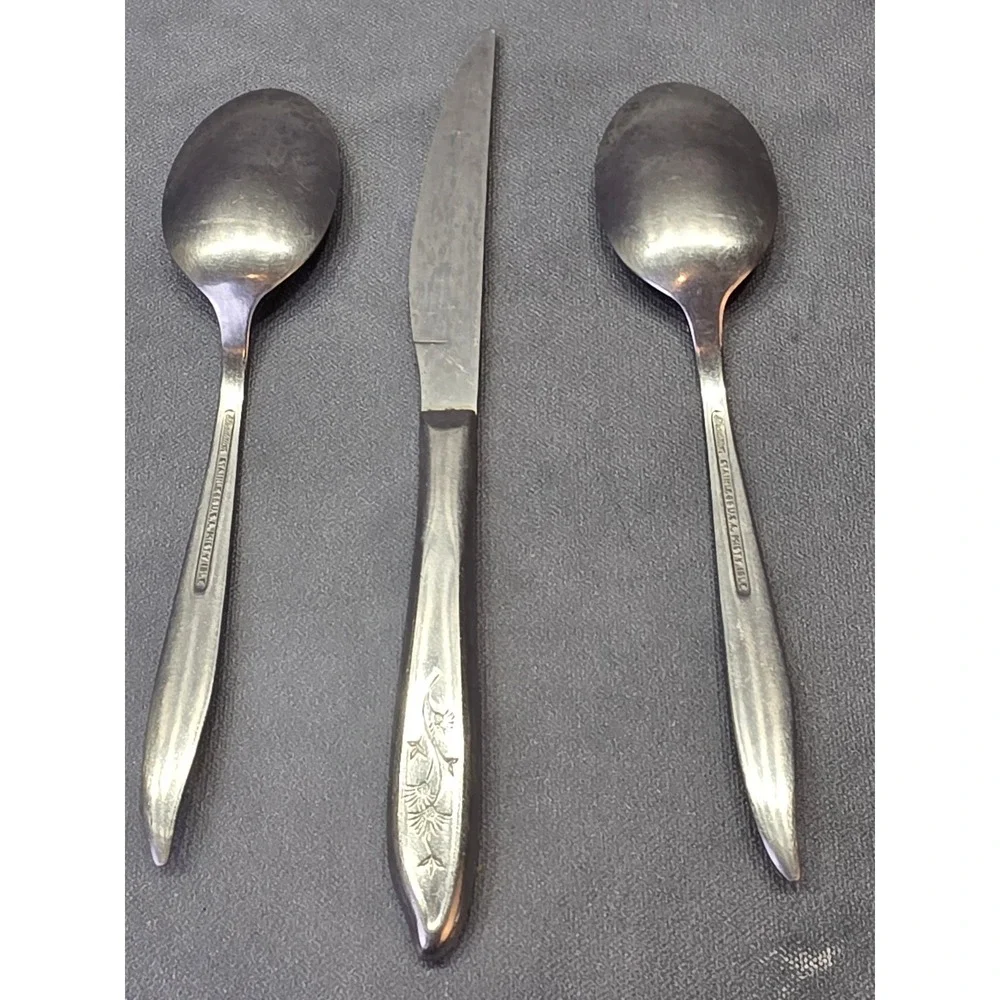 Tradition Misty Isle Stainless USA Flatware Set 2 Spoons 1 Knife Floral Etched
